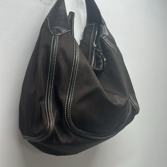 Tod's Purse Shoulder Handbag Hobo Tote Bag Leather Nylon Dark Brown Gold Large - Picture 4 of 11